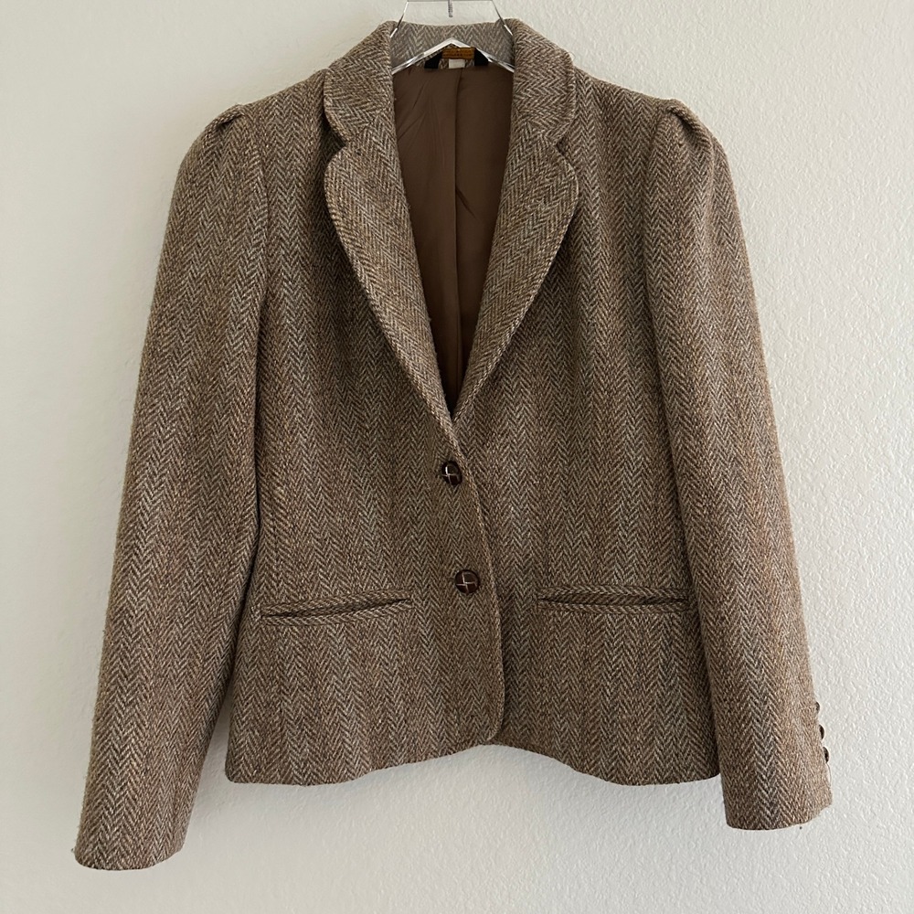 Hunt Club Blazer Small Brown Herringbone Tweed Wool Blend Vintage Academia